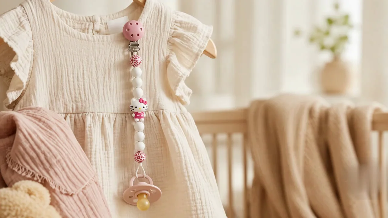 Attache-tétine personnalisée NuBaby aux perles roses et blanches, accrochée à une robe de bébé en gaze de coton crème dans une chambre lumineuse