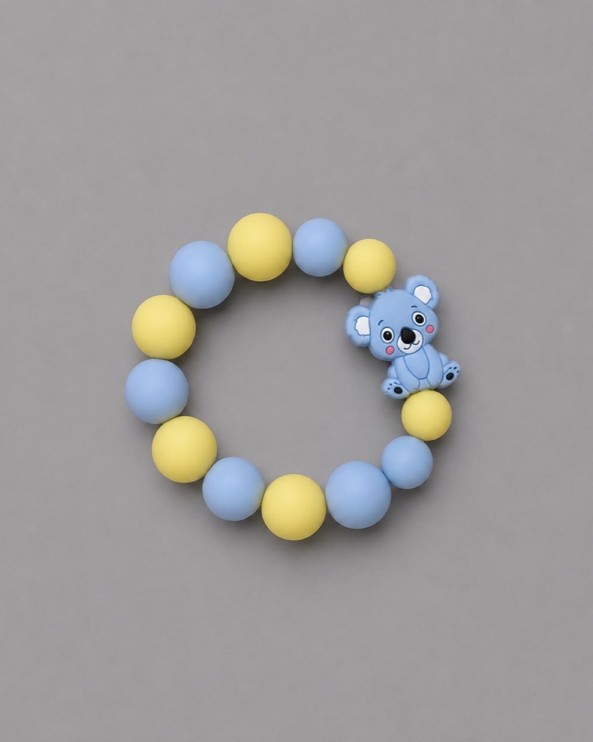 Anneau de dentition Koala Soleil : perles bleu pervenche et jaune poussin alternées, figurine koala bleue