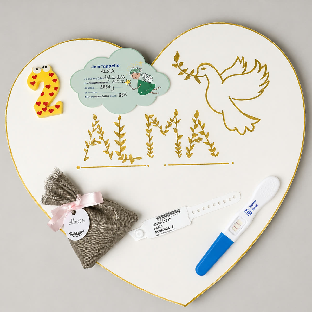 Le Coffre Cœur présenté avec un faire-part de naissance et des souvenirs de maternité