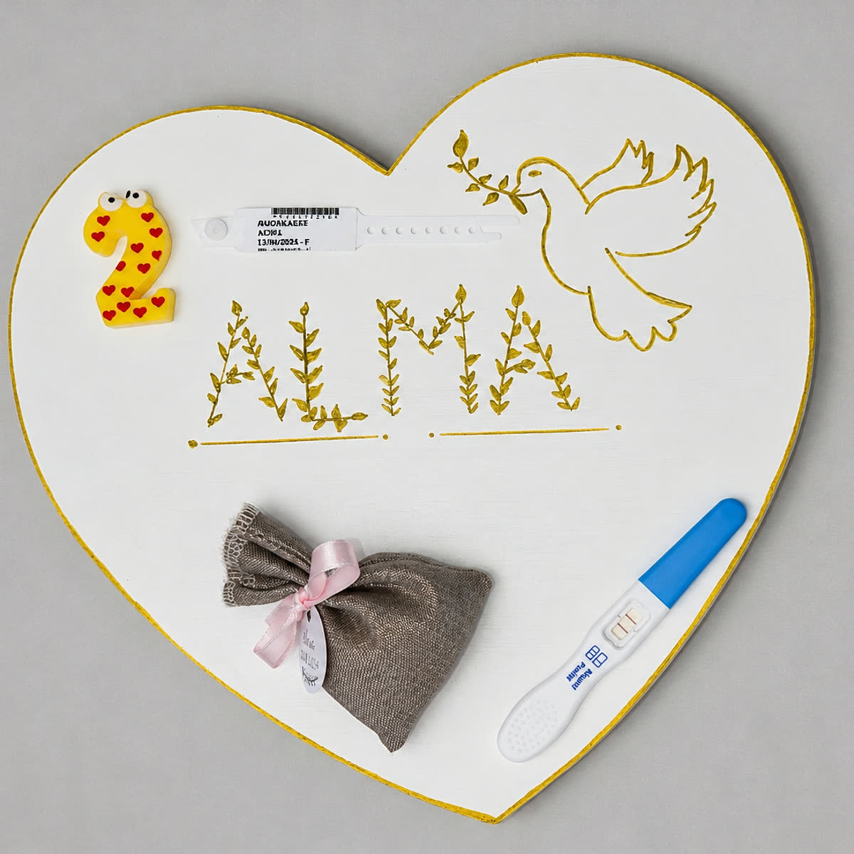 Coffre Cœur personnalisé entouré de souvenirs de naissance : bracelet de maternité et pochon