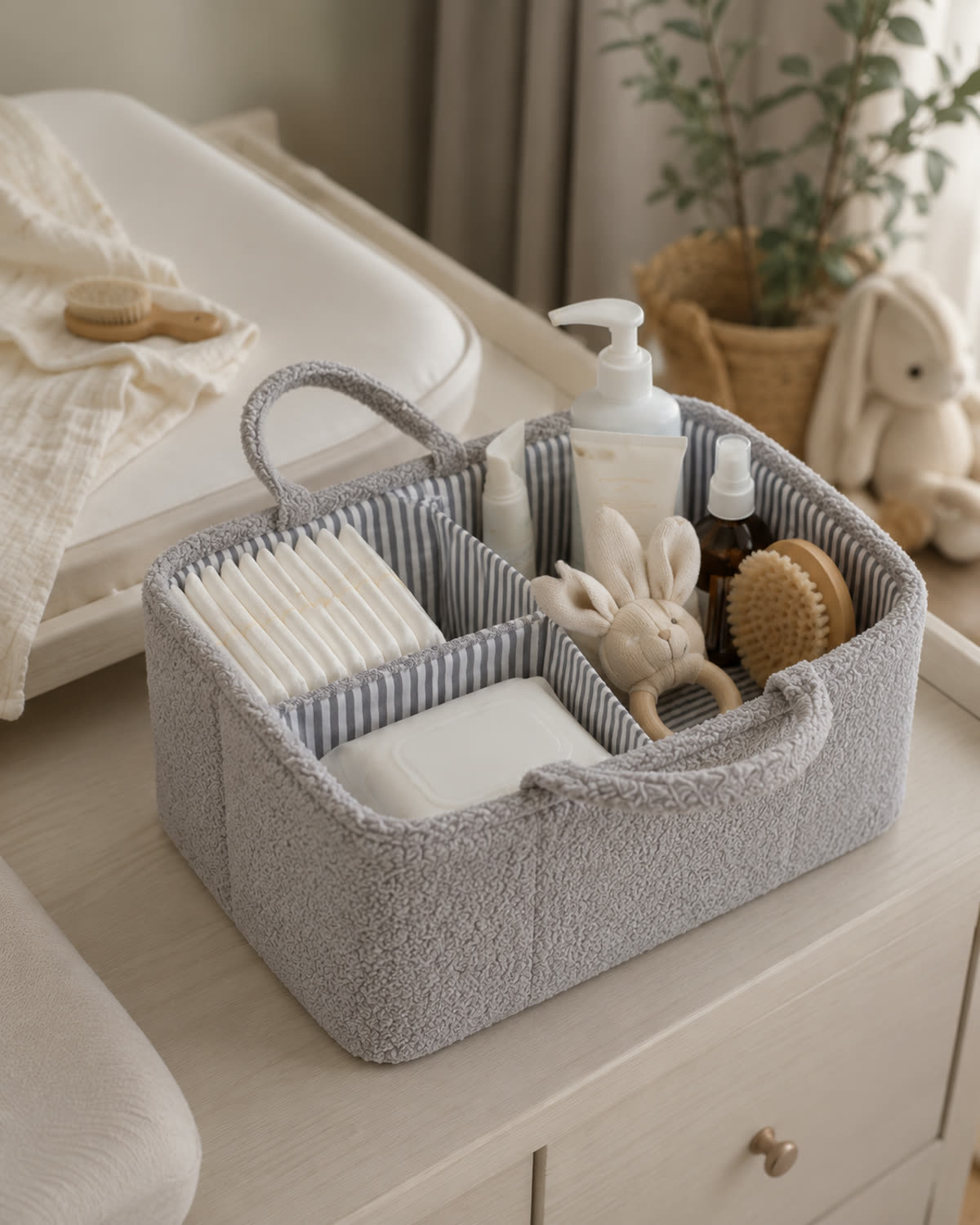 Organiseur pour bébé gris perle posé sur une commode près d’une table à langer, compartiments remplis
