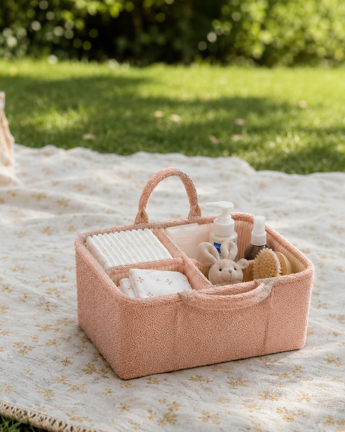 Organiseur Rose poudré utilisé lors d’un pique-nique avec les affaires de bébé