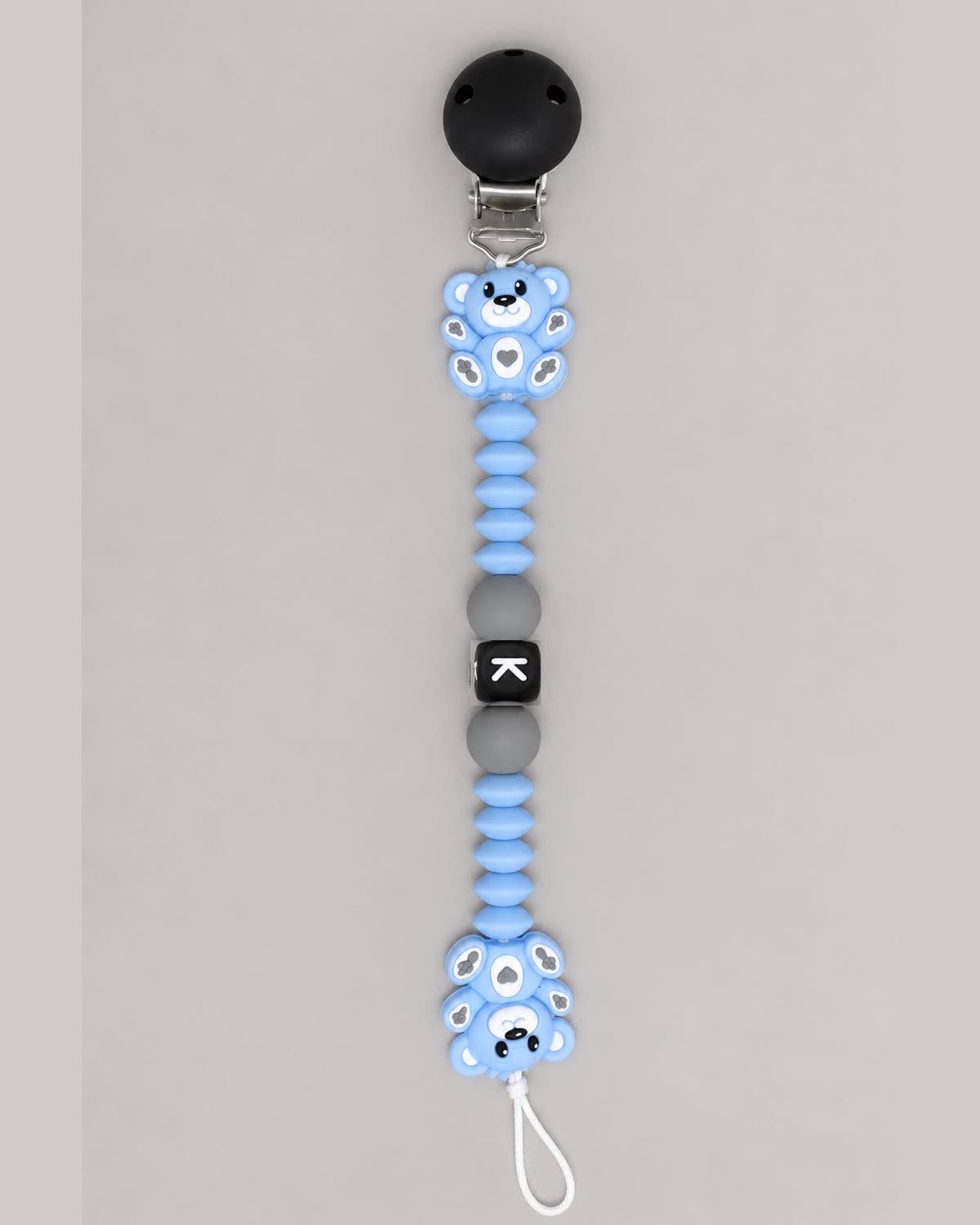 Attache-tétine personnalisée Ourson — Bleu ciel & gris