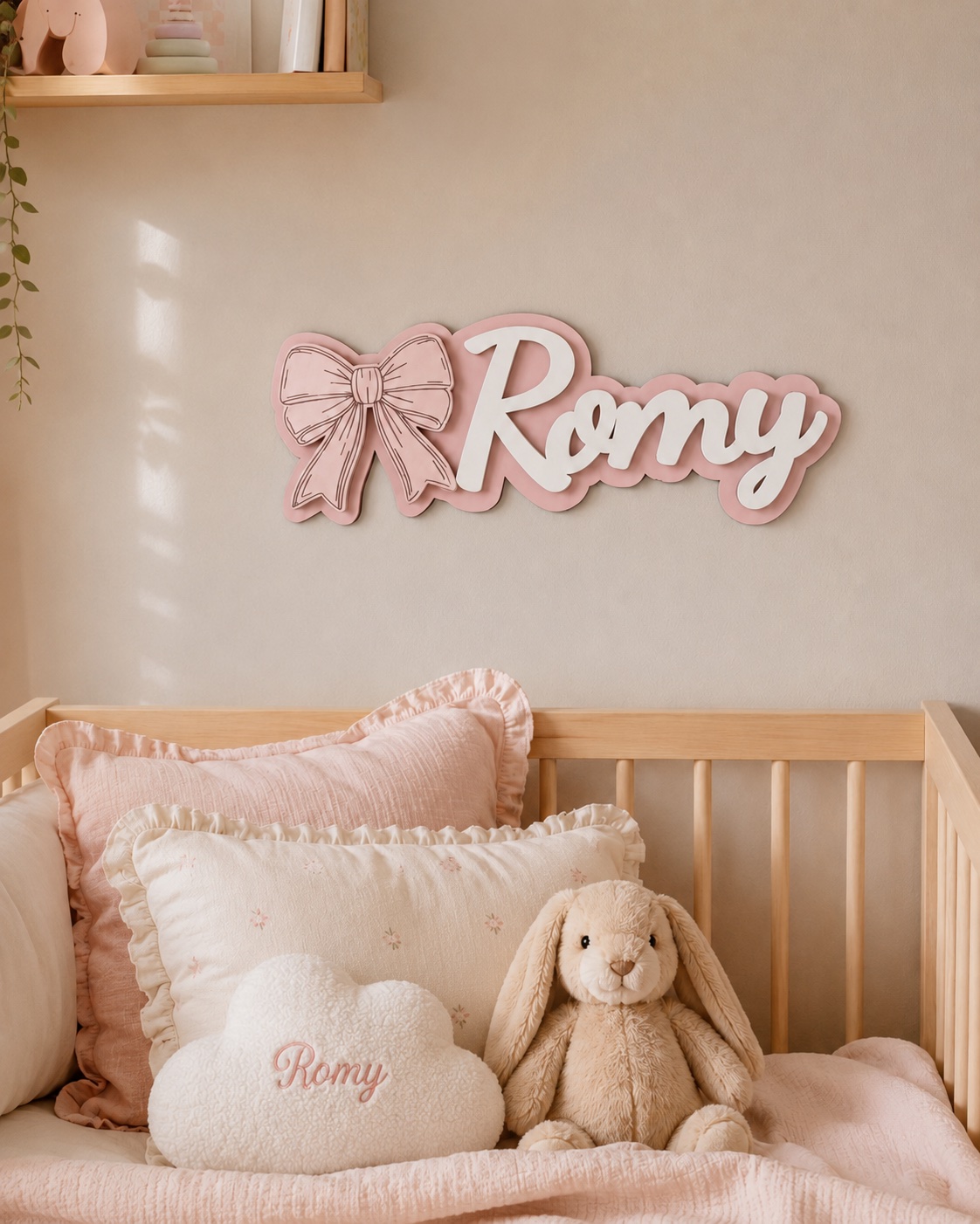 Plaque prénom murale rose poudré ornée d’un nœud, au-dessus d’un lit d’enfant