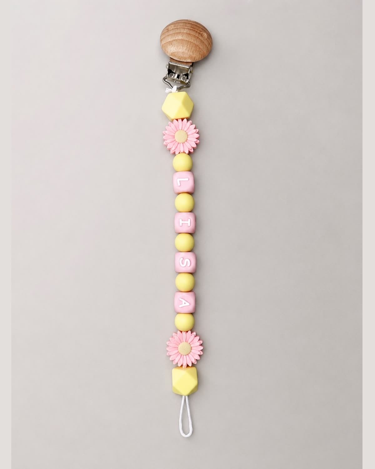Attache-tétine personnalisée Prénom Marguerite — Jaune soleil & rose