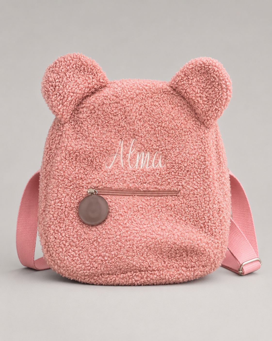 Petit sac à dos rose effet bouclette avec oreilles d’ourson et prénom Alma brodé