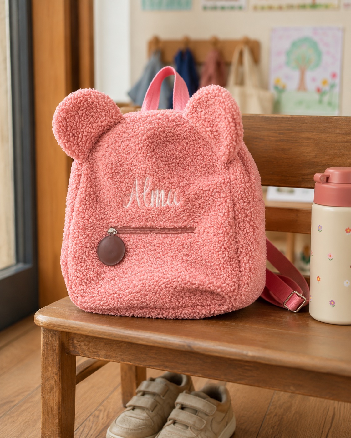 Sac enfant personnalisé rose posé sur une chaise